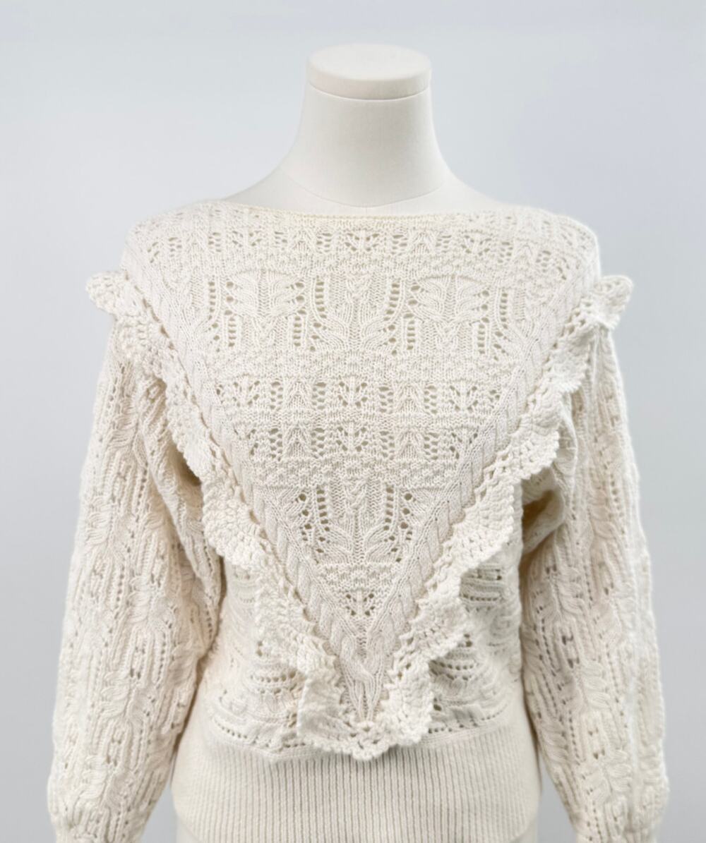 Sezane Aleyna Ivory Jumper Cream Cotton Alpaca Crochet Ruffle Sweater XS